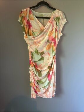 Guess Floral Draped Mini Dress in Pink, Green & Peach
